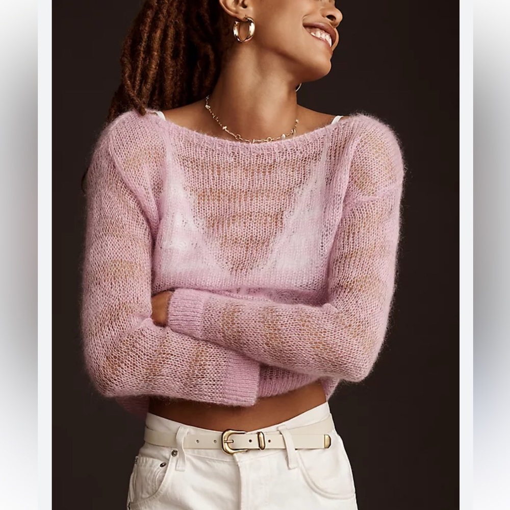 ⁠Maeve Anthropologie Sheer Wool Knit Tunic Sweater‎ Lavender Made in Italy S